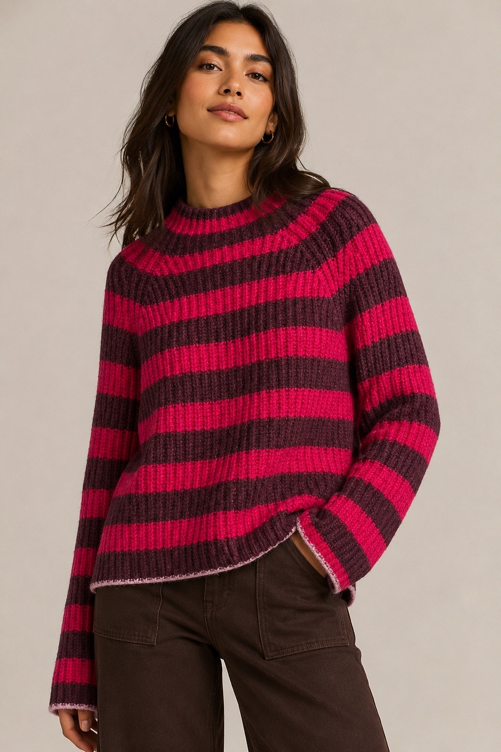 Maeve By Anthropologie Striped Yak Blend Sweater Pink & Brown | Size Medium